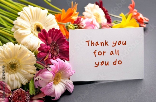 Flowers with card THANK YOU FOR ALL YOU DO -  appreciative way to express gratitude for effort and support  from friends, co-worker colleague or team staff employee - to say thanks for their help