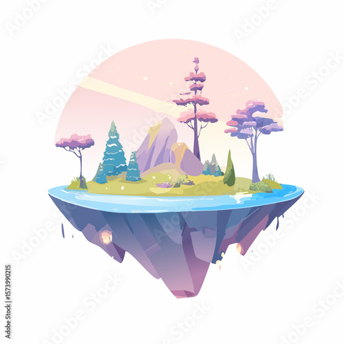 Ethereal floating islands with glowing forests, bioluminescent flora, magical pastel color 