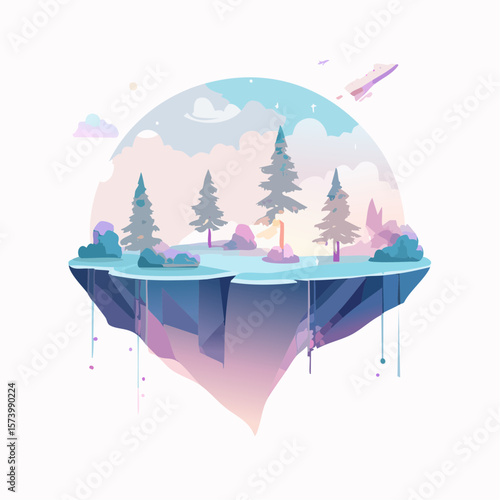 Ethereal floating islands with glowing forests, bioluminescent flora, magical pastel color 