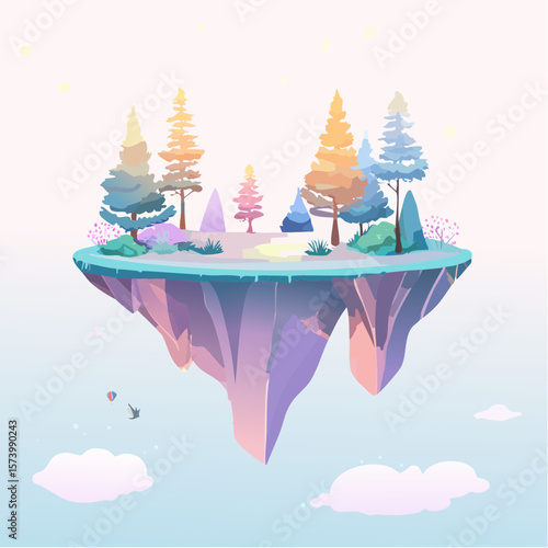 Ethereal floating islands with glowing forests, bioluminescent flora, magical pastel color 
