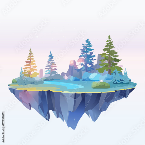 Ethereal floating islands with glowing forests, bioluminescent flora, magical pastel color 