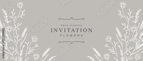 Elegant neutral floral background with hand drawn white delicate flowers and leaves. Vector illustration in line art style for wedding invitation, card, save the date, packaging, greeting card design