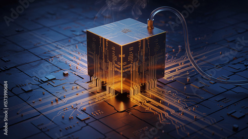 Quantum Computing Powerhouse: A cutting-edge, illuminated digital cube, symbolizing the future of computing, sits atop an intricate circuit board, evoking innovation and technological prowess.