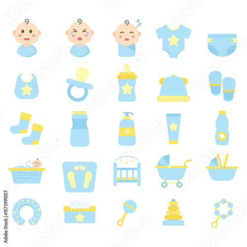 Baby Product Icons Set – Flat Cute Style Newborn Essentials Including Pacifier, Diapers, Bottle, Toys, Crib, and Bath – Perfect for Parenting, Childcare, and Baby Store Design