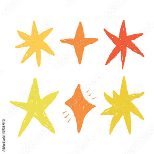 Pastel Crayon Brush Star Set. Hand Texture Pencil Star. Vector Color Line Illustration