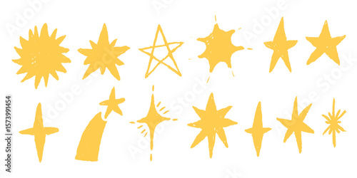 Pastel Crayon Brush Yellow Star. Hand Texture Pencil Star. Vector Color Line Illustration