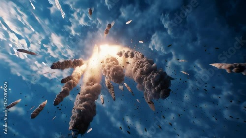 The sky is filled with smoke and debris from a series of explosions. The explosions are scattered throughout the sky, with some closer to the ground and others higher up. The scene is chaotic