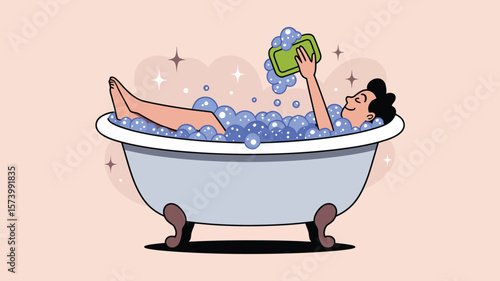 A cartoon man relaxing in a bathtub full of bubbles with a green sponge and sparkling stars around him