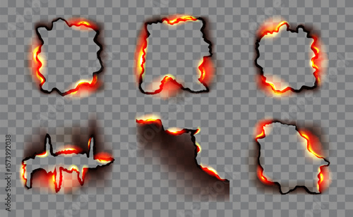 Set of borders and frames from burnt and smoldering paper edges. Fire effect on torn fragments. Vector design elements for website design, social networks, advertising materials, packaging, games