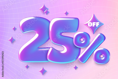 25 percent off sale design with purple metallic iridescent number twenty five on gradient background. Vector illustration.
