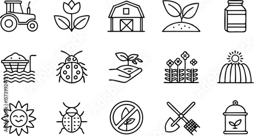 Farm and gardening elements in a white glyph style represent agriculture.