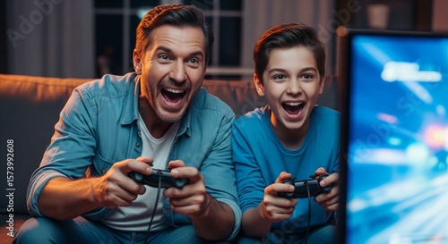 A father and his teenage son laughing and shouting while playing a video game together, their excited faces lit by the glow of the TV screen.