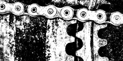 Grungy rusted bike chain close-up with link pitting texture overlay for industrial design