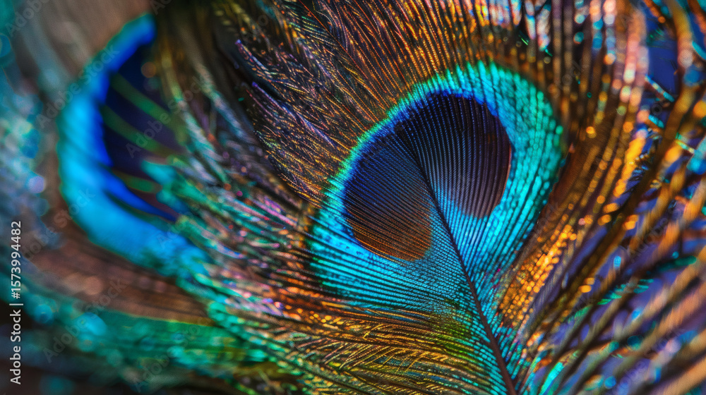 Naklejka premium A macro shot of the iridescent patterns on a peacock feather An extreme macro photograph of a peacock feather, focusing on the vibrant, iridescent 'eye' with its stunning colors and intricate patterns