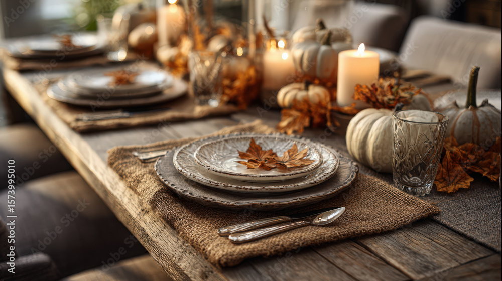 A rustic Thanksgiving table setting with pumpkins and autumn decorations. A rustic Thanksgiving table setting with pumpkins and autumn decorations.