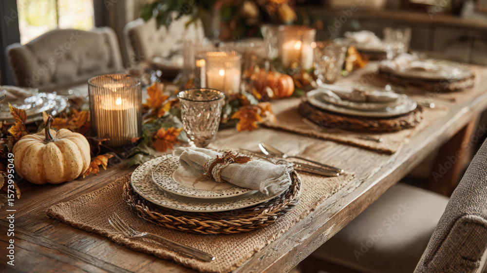 Fototapeta premium A beautifully decorated Thanksgiving table with autumn accents and warm candlelight.