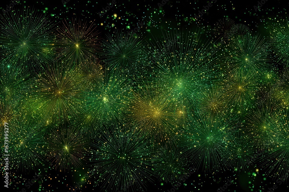 Fototapeta premium Green fireworks explode brightly in the night sky background. Use for festive celebrations, or visual representations of energy.