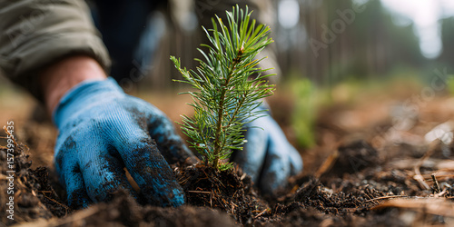 forest conifer plant growth forest ecosystem forestry industry management reforestation environmental rehabilitation concept nature regeneration, hands planting pine tree
