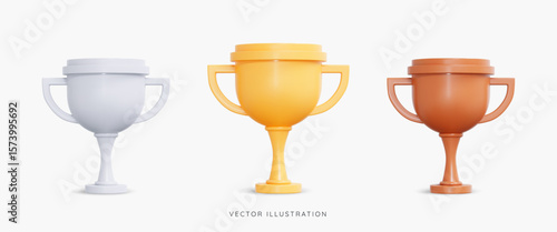 3D Golden, silver and bronze Trophy icon set. Champion cup. 1st, place award in sports and football. Victory success concept. Cartoon icons isolated on white background. 3D Vector illustration