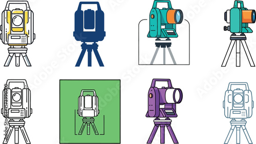 Illustration of surveying equipment in various styles and color schemes set up