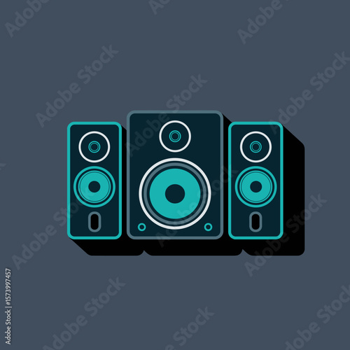 Home theater speaker set with subwoofer and satellite speakers in flat vector with dark background, Dark Mode UI style