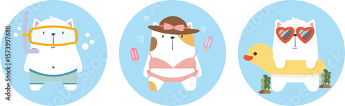 Cute cat character concept hello summer traveling illustration decorate by snorkeling mask, popsicle ice cream and weed vacation cartoon style. Flat design for children