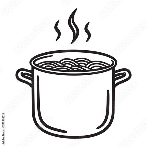 Black and white line art illustration of a pot of cooked pasta steaming