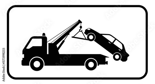 Black and White Icon: Tow Truck Lifting a Car