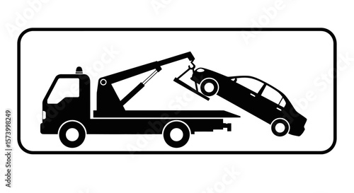 Black Tow Truck Lifting Car, Graphic Illustration, Isolated on White
