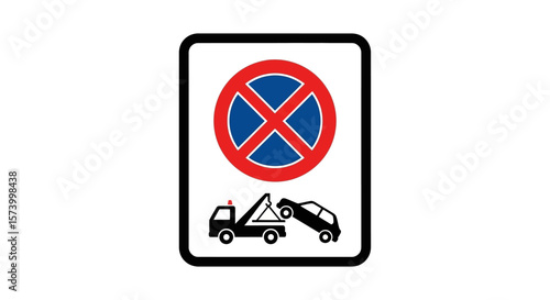 No Parking Tow Away Zone Sign: Red Circle, Blue Center, Tow Truck Illustration