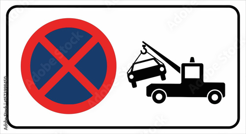 No Parking Tow Away Zone Sign: Red and Blue Circle with Tow Truck Illustration