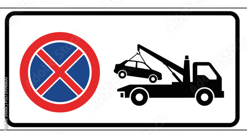 Tow Away Zone Sign: Red and Blue No Parking Circle with Black Tow Truck Silhouette
