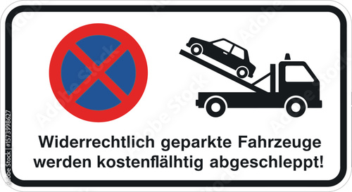 Tow Away Zone Sign: Red Circle No Parking, Black Tow Truck Illustration