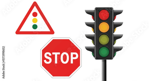 Vector Illustration of a Black Traffic Light with Illuminated Signals