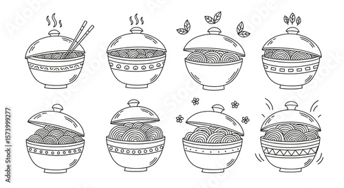 Hand-drawn Black and White Noodles Bowls with Various Decorations