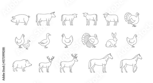 Farm and Wild Animals Outline Icons Set: Pig, Cow, Sheep, Horse, Deer