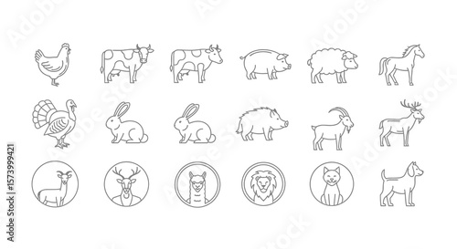 Minimalist Line Art Farm Animals and Wildlife Icons Set