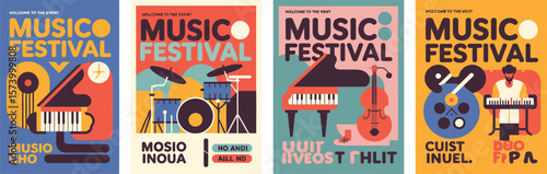 Vibrant Music Festival Illustration with Musicians, Drums, Synthesizer, Cello, Tape Recorder, and Dancing Crowd for Concert, Party, or Event Poster and Flyer Background Template.  

