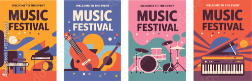 Music Festival Illustration with Musicians, Drums, Synthesizer, Cello, Tape Recorder, and People – Poster or Flyer Background Template for Concert, Party or Event.