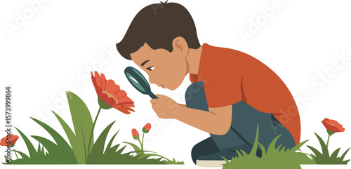 Curious young boy examining a vibrant flower with a magnifying glass in nature