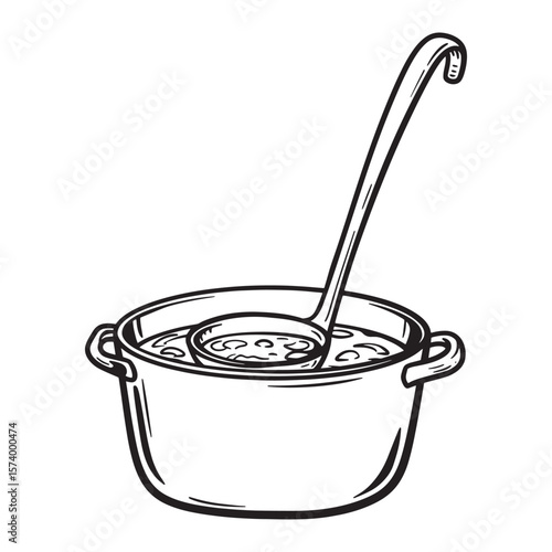 Hand drawn black and white illustration of a soup pot with a ladle inside