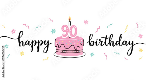 Whimsical 90th Birthday Cake with Candle and Sprinkles Illustration