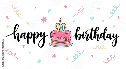 90th Birthday Cake with Candle and Confetti on White Background
