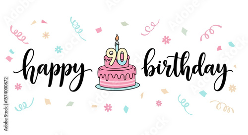 Cartoon Two-Tiered Pink Birthday Cake with Candle and Number 90 Topper