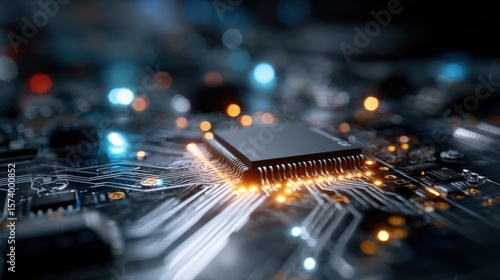 Close Up of Glowing Circuit Board with Microchip