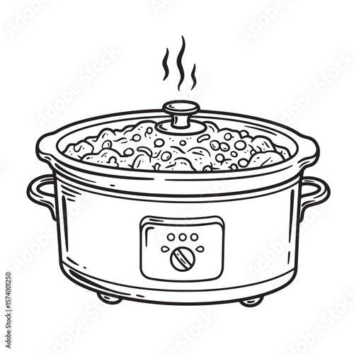 Hand drawn illustration of a slow cooker filled with hot food and steam rising above.