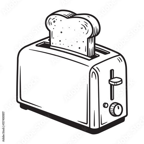 Illustrated black and white drawing of a retro toaster with a slice of toasted bread
