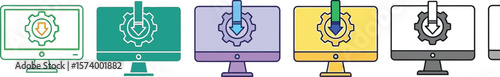 Colorful computer monitors display download icons with gears in a row on pink background