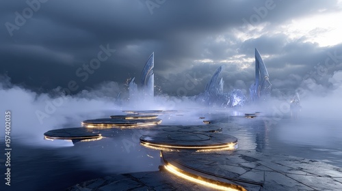 Futuristic Cityscape at Night with Fog and Reflections