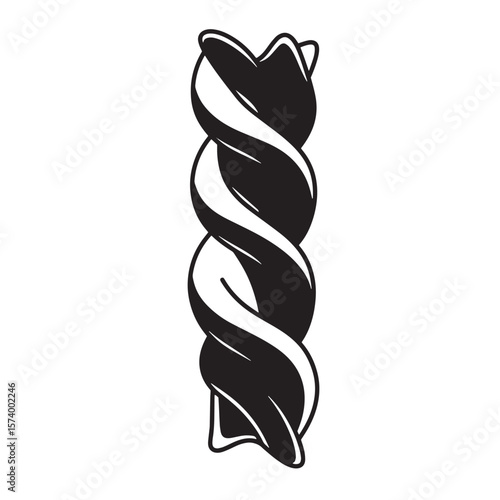 Isolated black and white vector illustration of a single fusilli pasta shape